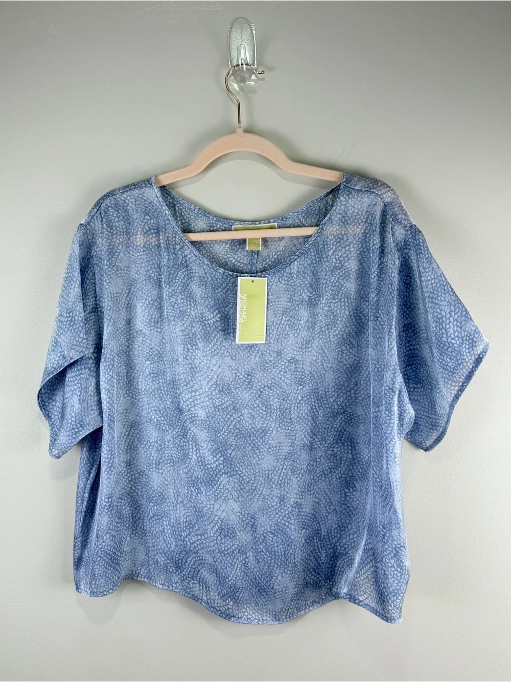 Michael Kors Petite Medium Blue Floral Print Blouse Short Sleeve Casual Top NWT